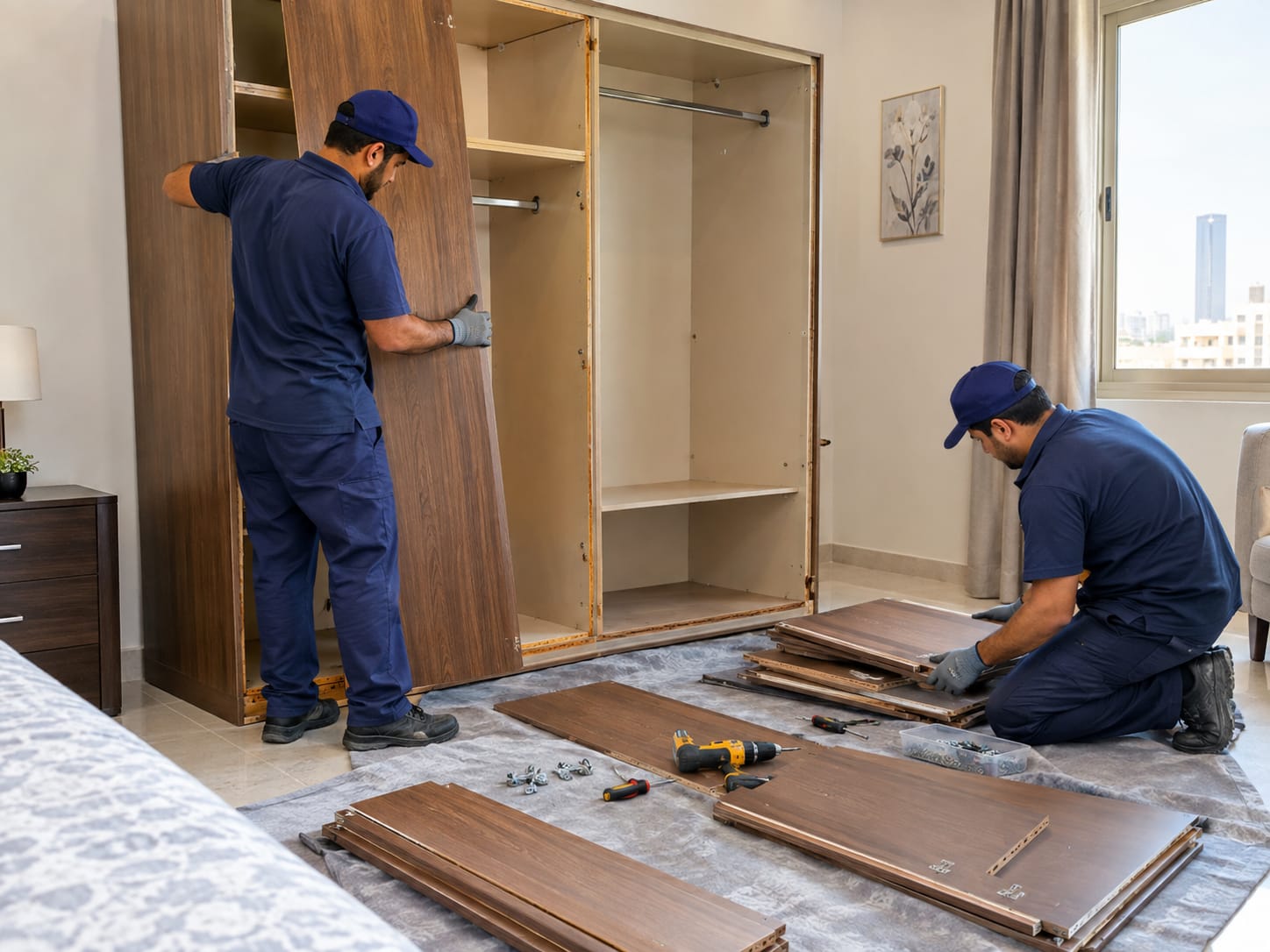 عمال نقل العفش أثناء تحميل الأثاث على الشاحنة بالدمام
